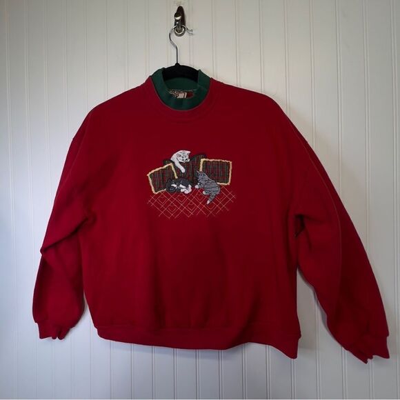 Vintage 90s Top Stitch Red Christmas Cat Kitten Plaid Mock Neck Sweatshirt M - Picture 2 of 11
